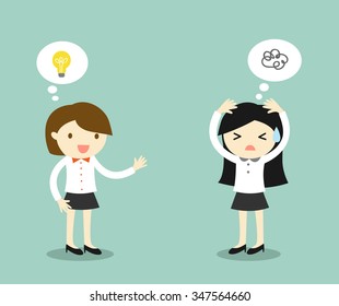 Business concept, business woman has idea but another business woman is stuck for an idea. Vector illustration.