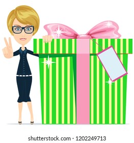 Business concept, Business woman holding a big gift box for Christmas. Vector illustration.