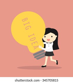 Business concept, Business woman holding bulb light with the word big idea. Vector illustration.
