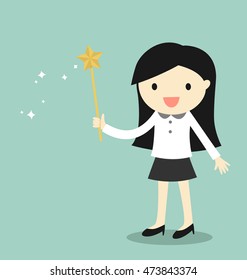 Business concept, Business woman holding magic wand. Vector illustration.