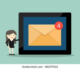 Business concept, Business woman holding tablet that got some e-mails. Vector illustration.