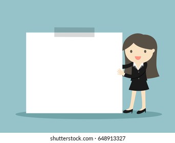 Business concept, Business woman holding white sticky note. Vector illustration.