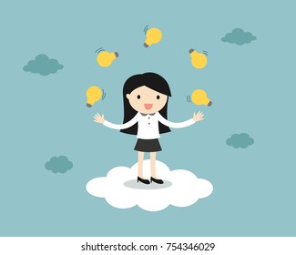 Business concept, business woman juggling many light bulbs while standing on the cloud. 