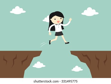 Business concept, business woman jump through the gap to another cliff. Vector illustration.