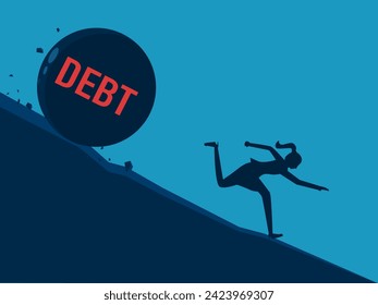 Business concept. woman running away from rolling debt 