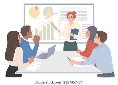 Business concept woman showing a presentation on a whiteboard. Office staff set. Vector neat flat concept. Business people. Teamwork. Corporate success.