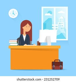 Business concept - woman sitting at the table and working on the computer in the office. Vector illustration, flat style