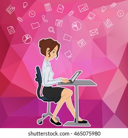 Business concept - woman sitting at the table and working on the computer in the office. Vector illustration, flat style