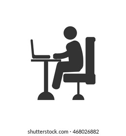 Business concept - woman sitting at the table and working on the computer in the office. Vector illustration, flat style.