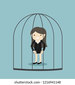 Business concept, Business woman standing alone in the jail with scotch tape over mouth. 