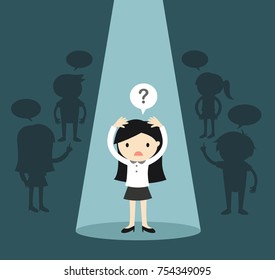 Business concept, Business woman standing alone in spotlight and feeling confused. Vector illustration.