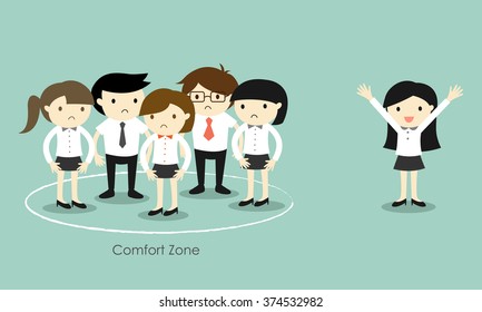 Business Concept, Business Woman Standing Out Of The Comfort Zone. Vector Illustration