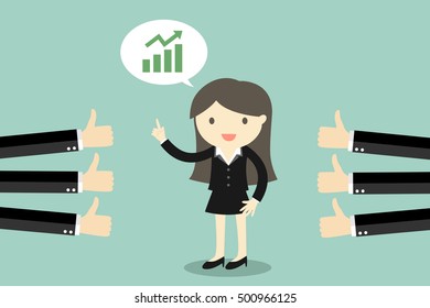 Business concept, business woman talking about growth graph and get good feedback. Vector illustration.