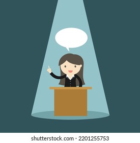 Business concept, Business woman talking on the podium under soptlight. Vector illustration.