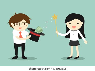 Business concept, Business woman use her magical powers make money from the hat. Vector illustration.