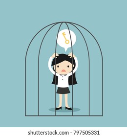 Business concept, Business woman wants a key to get out of the jail. Vector illustration.