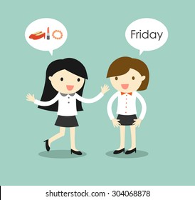 Business concept, business women planning to go to shopping after they finish work on Friday. Vector illustration.