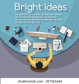 business concept - work concept - top view of man working on a desktop computer - bright ideas - small business - set of objects on a desktop with beautiful color distributed randomly - flat design