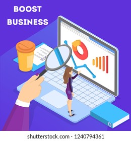 Business concept. Work wih data and financial operations on laptop. Audit, brainstorm and strategy. Isolated vector isometric illustration