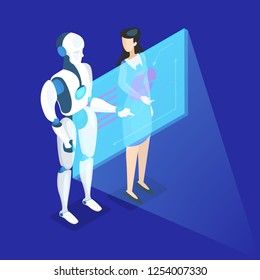 Business concept. Work wih data and financial operations. Audit, brainstorm and strategy. Modern technology and artificial intelligence. Isolated vector isometric illustration