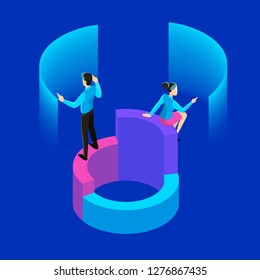 Business concept. Work wih data and financial operations. Audit, brainstorm and strategy. Modern technology. Isolated vector isometric illustration