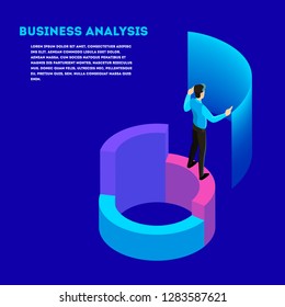 Business concept. Work wih data and financial operations. Audit, brainstorm and strategy. Modern technology. Isolated vector isometric illustration