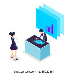 Business concept. Work wih data and financial operations. Audit, brainstorm and strategy. Modern technology and artificial intelligence. Isolated vector isometric illustration