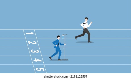 Business concept of Workaholic, hard working, diligent, enthusiastic, intense, career position, competition,  performance, and no sick leave. Businessman runs on race track by saline medical drip bag.