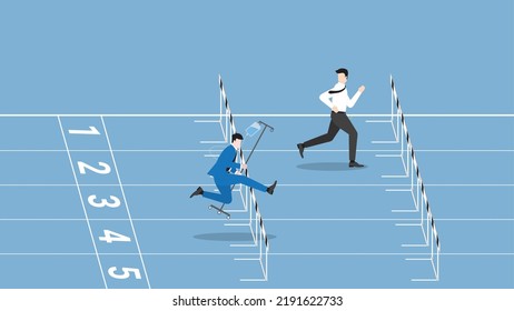 Business concept of Workaholic, hard working, diligent, enthusiastic, intense, career position, competition,  performance, and no sick leave. Businessman runs on race track by saline medical drip bag.
