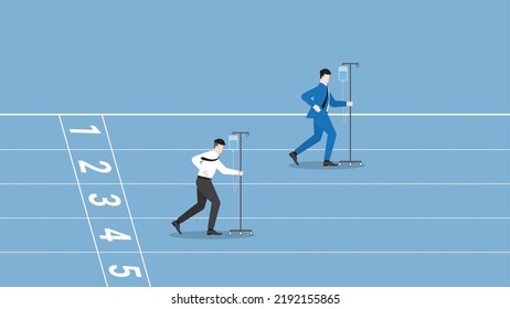 Business concept of Workaholic, hard working, diligent, enthusiastic, intense, career position, competition,  performance, and no sick leave. Businessman runs on race track by saline medical drip bag.