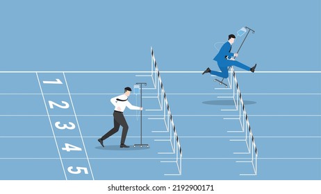 Business concept of Workaholic, hard working, diligent, enthusiastic, intense, career position, competition,  performance, and no sick leave. Businessman runs on race track by saline medical drip bag.