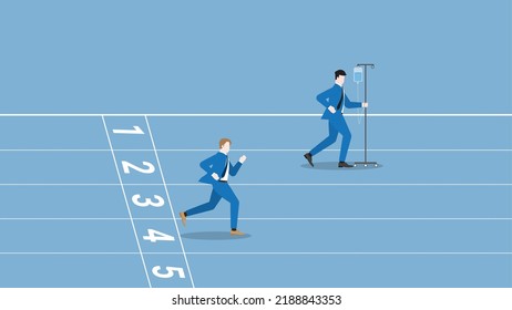 Business concept of Workaholic, hard-working, diligent, enthusiastic, intense, career position, competition,  performance, and no sick leave. Businessman runs on race track by saline medical drip bag.