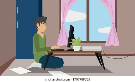 Business concept "Working From Home" of men use personnel compuer to work at their desks at home. To prevent infection from the coronara virus or Covid-19 from the outside.