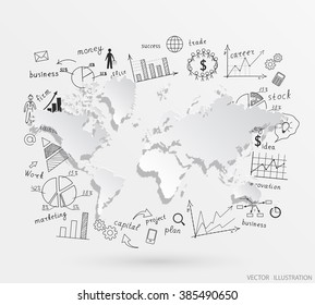 The business concept. World map on the background of hand-drawn diagrams and graphs on the Board. Doodle. Vector illustration modern design template.