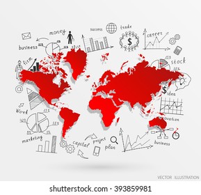 The business concept. World map on the background of hand-drawn diagrams and graphs on the Board. Doodle. Vector illustration modern design template.