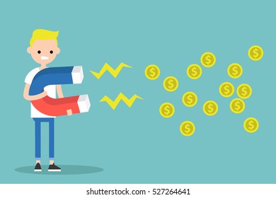 Business concept. Young blond boy attracting money with a huge magnet / editable flat vector illustration