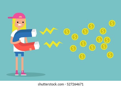 Business concept. Young blond girl attracting money with a huge magnet / editable flat vector illustration