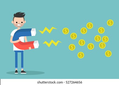 Business concept. Young brunette man attracting money with a huge magnet / editable flat vector illustration
