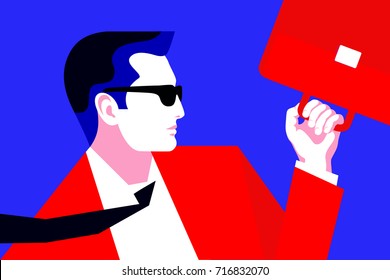 Business concept. Young businessman wearing sunglasses holding briefcase. Vector illustration