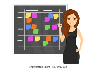 Business concept. A young employee of the office stands near the work schedule. Office worker. Business and Finance. Flat style on white background. Cartoon.