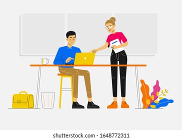 Business concept. Young freelancer business man is sitting at a desk with laptop and his colleague  or team leader is pointing to a screen and giving advice. Modern character vector illustration.