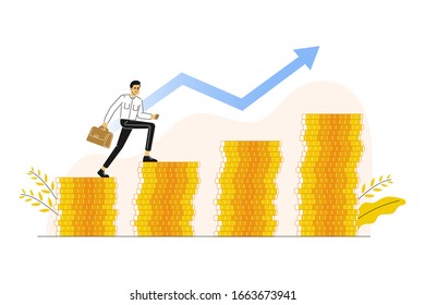  Geschäftskonzept. Der junge Mann, der auf dem Münzstapel rennt und auf sein Tor klettert. Motivation steigern. Geld, Investitionen und Karrierewachstum Metapher. Vektorillustration-Zeichentrickfilm.