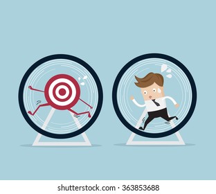 business concept,businessman running for target in hamster wheel cartoon vector illustration