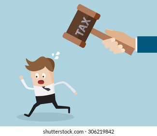 Business Concept,Businessman running from tax hammer by Tax Evasion Cartoon Vector Illustration