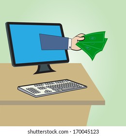 Business concept,Hand with money and computer,Vector illustration