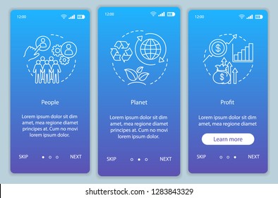 Business conception onboarding mobile app page screen template. People, planet and profit walkthrough website steps. Resource management. Triple bottom line. TBL. UX, UI, GUI smartphone interface