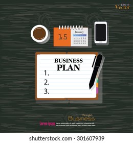 Business concept.Office desk top view with  plan word. Flat design style , office equipment, working tools and other business elements on wood background.vector illustration.