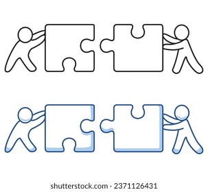 Business concept.People connecting puzzle elements. Teamwork metaphor.Two businessmen connecting puzzle pieces.Partnership and cooperation.Doodle business team icon.Hand drawn sketch style.