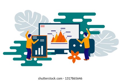 Business concept.People work in a team and interact with graphs. Business, leadership, workflow management,Symbol of teamwork.