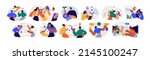 Business concepts of analytics, planning, marketing research, work communication, goal settings. People launching projects, studying reports. Flat vector illustrations isolated on white background.
